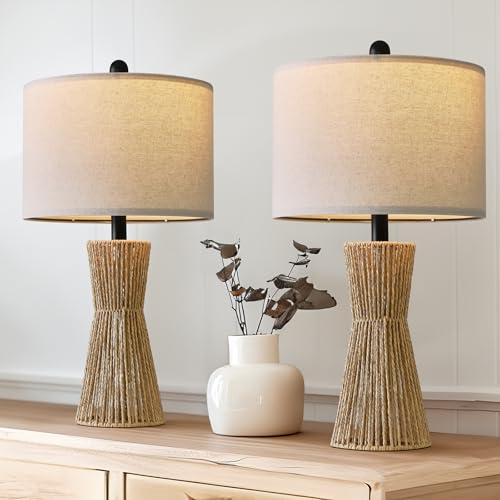 OYEARS 22.5" Table Lamps for Living Room,Boho Lamps Set of 2 for Bedrooms, Bedside Lamp for Nightstands, Rattan Lamp, Farmhouse Table Lamp for Room Decor, End Table, Retro, Brown（Not Include Bulbs） - Image 1