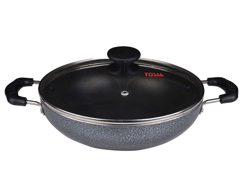 Tosaa Non-Stick 2L Kadhai 3MM Thickness with Glass Lid, 24 cm (Induction and Gas Compatible), Black- TI3K12GL - Image 1