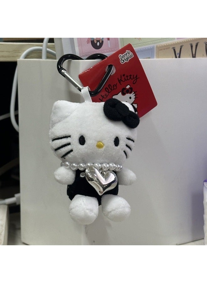 Chanel Style Hellokitty Cat Pendant Doll Plush Schoolbag Doll Cute Bag Pendant Kitty Keychain-Specifications:Black Kt + Big Love Pearl Necklace [with Tag] - Image 1