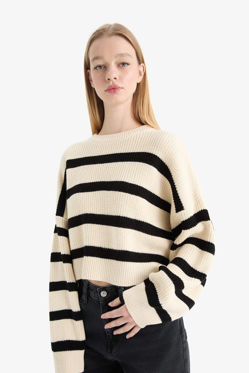 DeFacto Oversize Crew Neck Striped Knit Pullover - Image 3