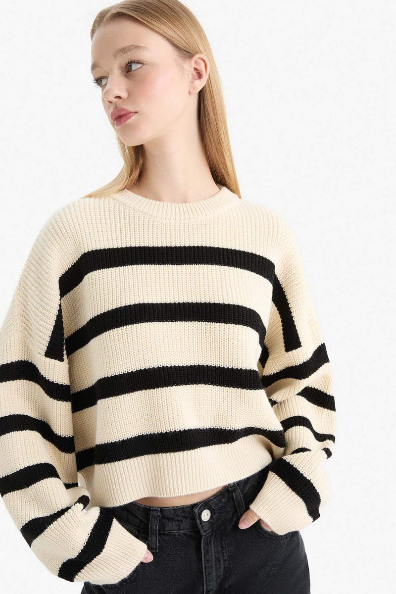 DeFacto Oversize Crew Neck Striped Knit Pullover - Image 1