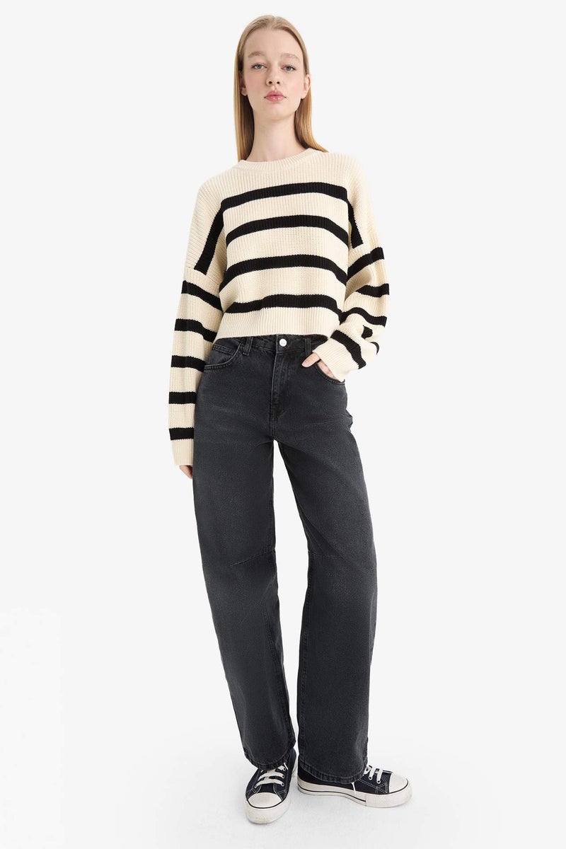 DeFacto Oversize Crew Neck Striped Knit Pullover - Image 2
