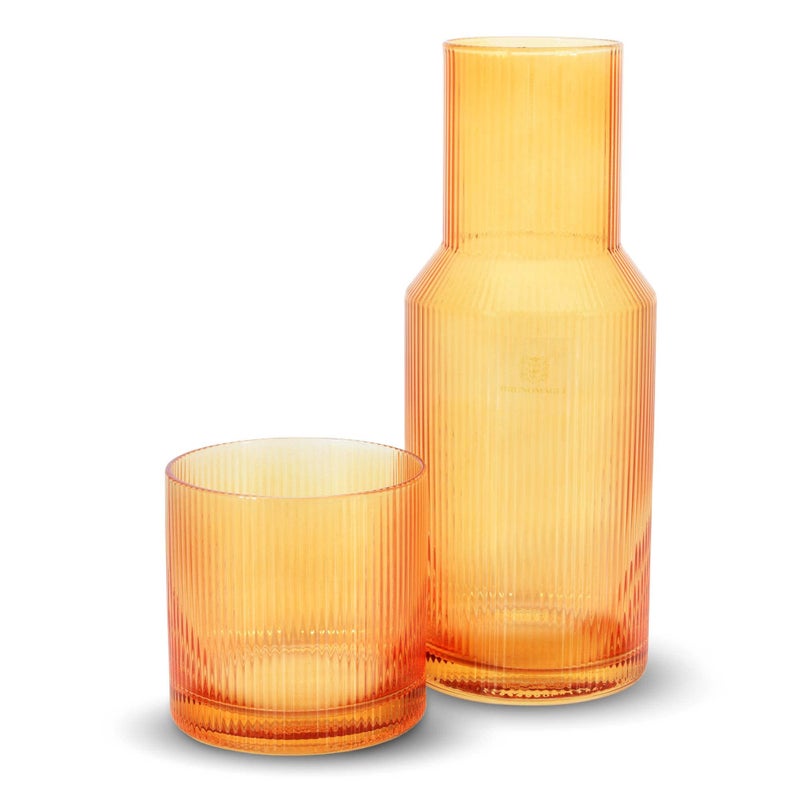 Bruno Magli Ribbed Carafe  2Pc Set  Drinking Glass Tumbler Doubles as a Lid  Elegant Nightstand Water Pitcher with Matching Cup for Office Home  Guest Room Dcor  Gift Boxed Amber