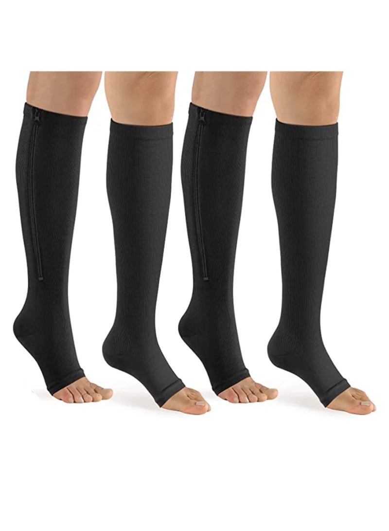 2 Pairs Compression Socks Open Toe Compression Stockings Knee High Socks with Zipper Compression Pantyhose 15-20mmHg for Improves Blood Circulation Prevents Leg Swelling (Black) - Image 1