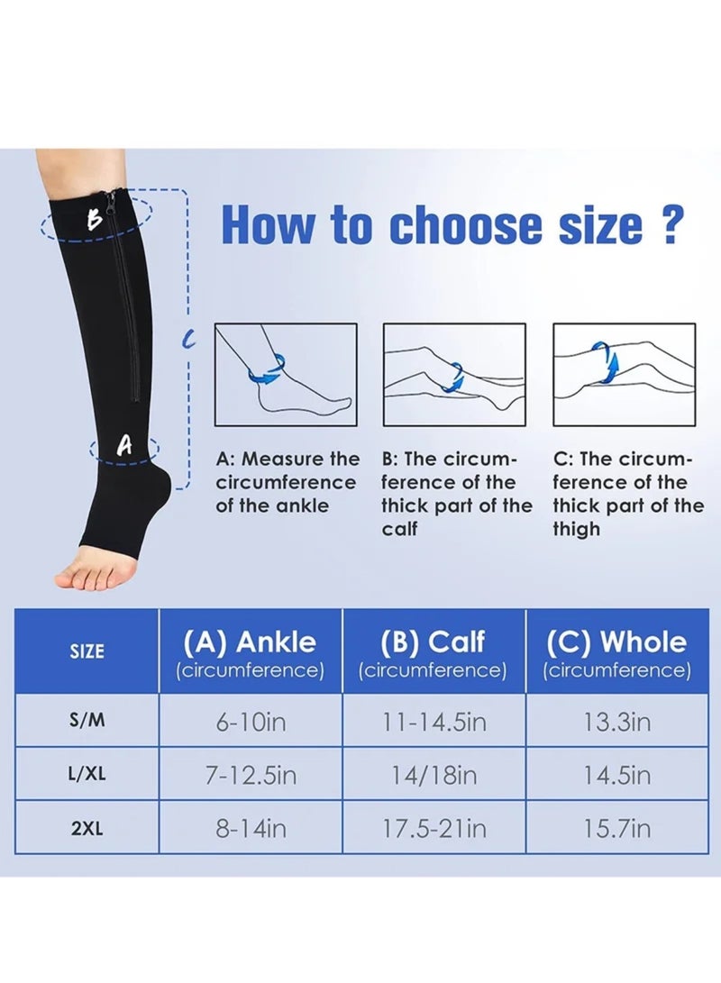 2 Pairs Compression Socks Open Toe Compression Stockings Knee High Socks with Zipper Compression Pantyhose 15-20mmHg for Improves Blood Circulation Prevents Leg Swelling (Black) - Image 4