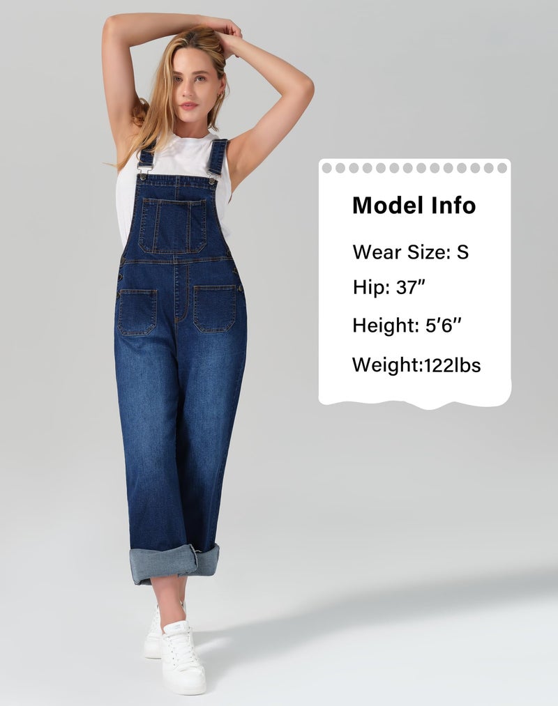 roswear Womenâ€™s Denim Overalls Loose Fit Stretchy Baggy Overall Bib Wide Leg Casual Jean Jumpsuits Classic Blue Large - Image 4