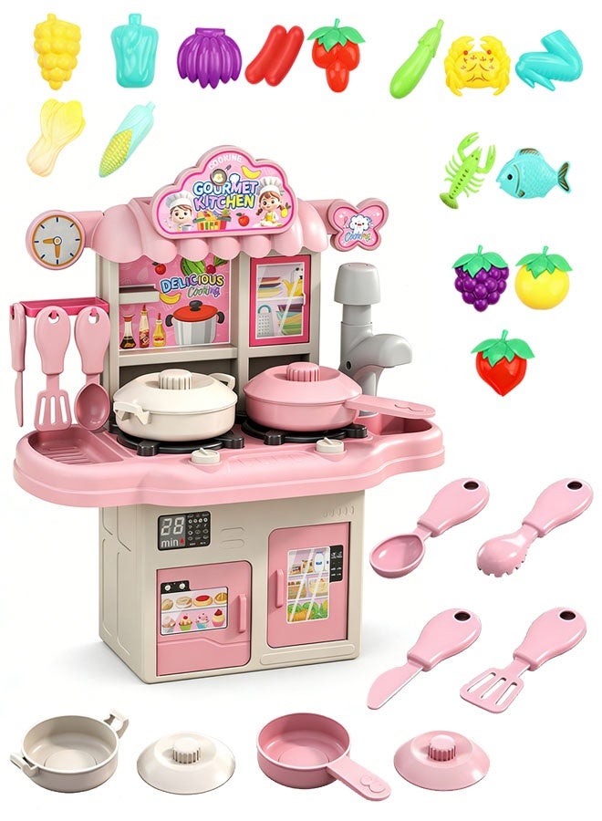 مجموعة ألعاب مطبخ للأطفال، مجموعة ألعاب مطبخ للعب التخيلي، مجموعة ألعاب مطبخ للعب الأدوار، ألعاب أدوات الطبخ، مجموعات ألعاب إكسسوارات المطبخ مع أدوات المائدة، حوض لعب للأولاد والبنات والأطفال، وردي - Image 1