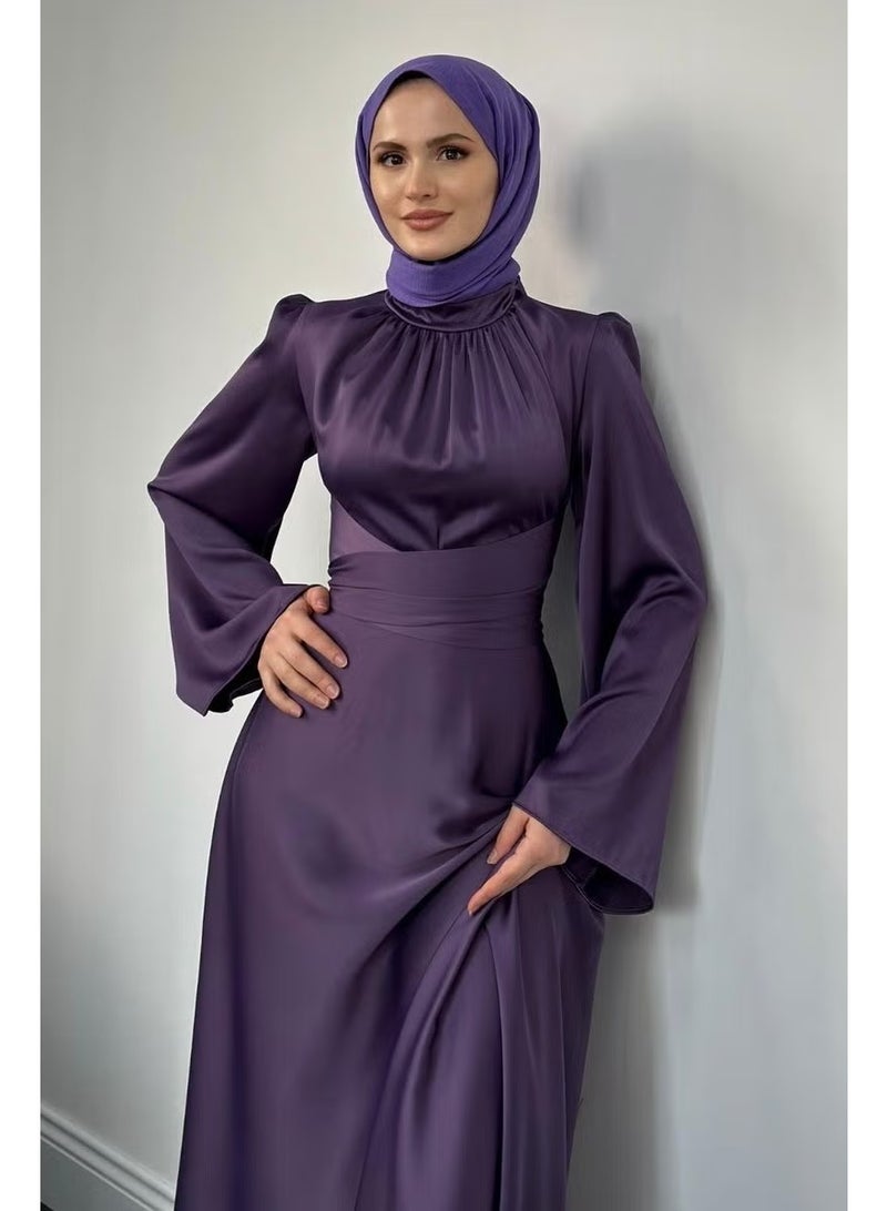 Merven Akyüz فستان ساتان ليلك بأكمام إسبانية ورباط عند الخصر - Image 2