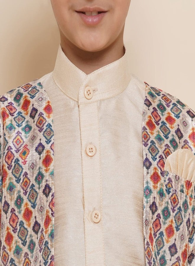AJ DEZINES Kids Cotton Silk Full Sleeve Printed Beige Kurta Pajama & Waistcoat Set for Boys - Ethnic wear | Special Occasion & Party Outfit |Waistcoat for boys - Regular Fit - Image 5