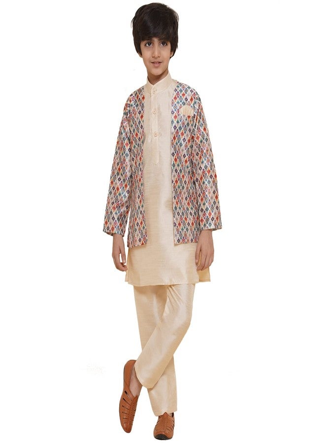 AJ DEZINES Kids Cotton Silk Full Sleeve Printed Beige Kurta Pajama & Waistcoat Set for Boys - Ethnic wear | Special Occasion & Party Outfit |Waistcoat for boys - Regular Fit - Image 1