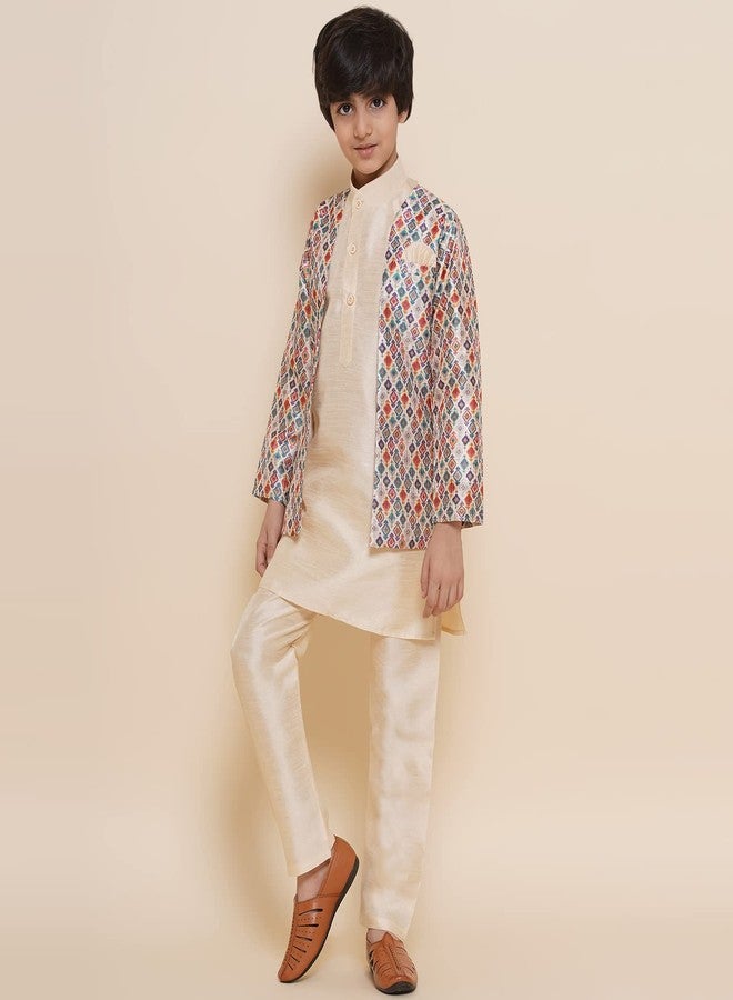 AJ DEZINES Kids Cotton Silk Full Sleeve Printed Beige Kurta Pajama & Waistcoat Set for Boys - Ethnic wear | Special Occasion & Party Outfit |Waistcoat for boys - Regular Fit - Image 4