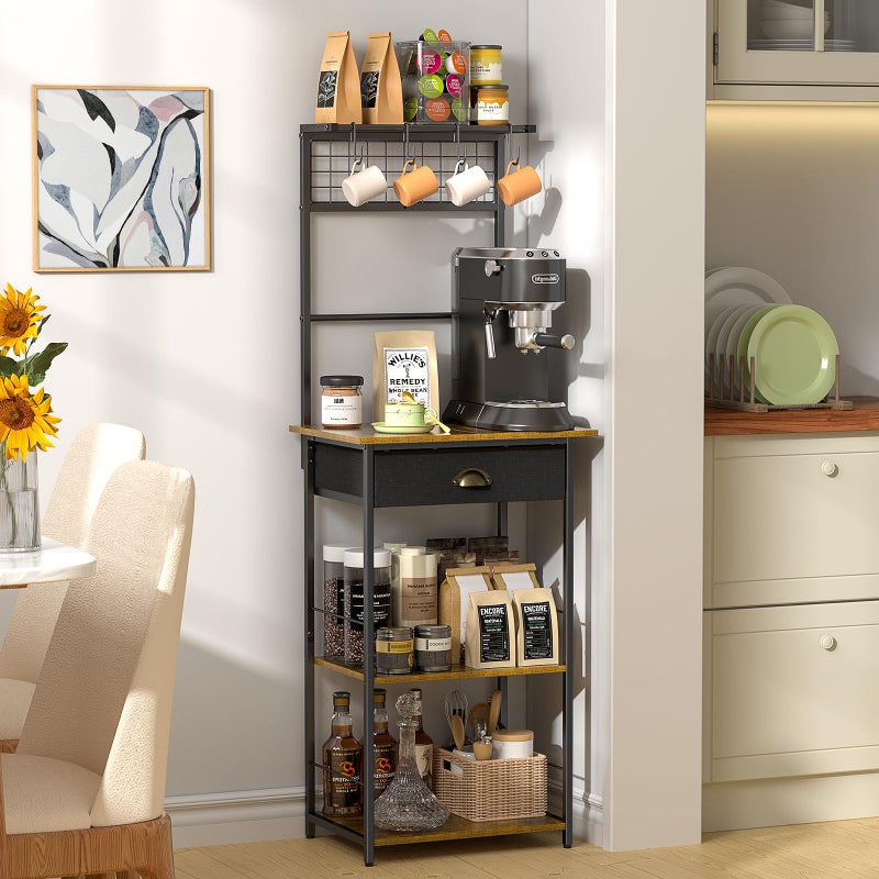 DAOUTIME 5 Tier Coffee Bar Station with Drawer, Kitchen Stand with 4 S-Shaped Hooks, Farmhouse Corner Coffee Bar Cabinet for Small Spaces, Bakers Rack for Kitchen, Living Room, 13.43" D x 18.93" W x 53.31" H - Image 4
