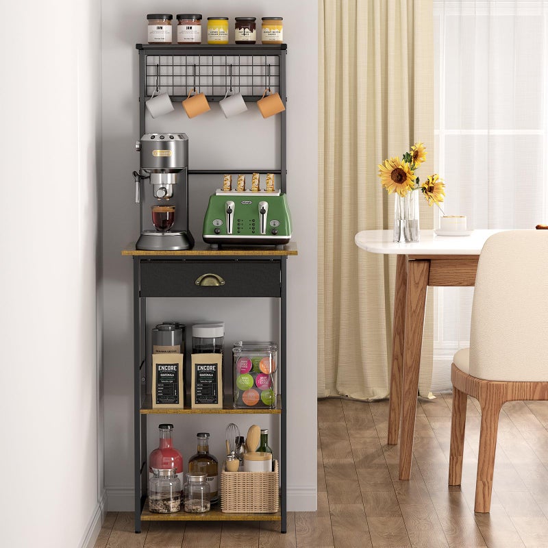 DAOUTIME 5 Tier Coffee Bar Station with Drawer, Kitchen Stand with 4 S-Shaped Hooks, Farmhouse Corner Coffee Bar Cabinet for Small Spaces, Bakers Rack for Kitchen, Living Room, 13.43" D x 18.93" W x 53.31" H - Image 1