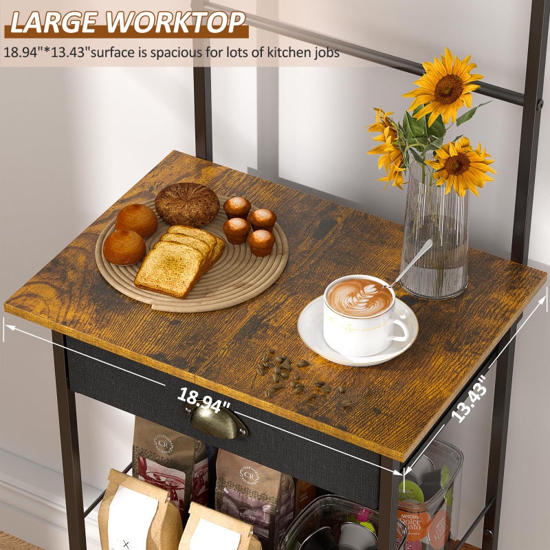 DAOUTIME 5 Tier Coffee Bar Station with Drawer, Kitchen Stand with 4 S-Shaped Hooks, Farmhouse Corner Coffee Bar Cabinet for Small Spaces, Bakers Rack for Kitchen, Living Room, 13.43" D x 18.93" W x 53.31" H - Image 5