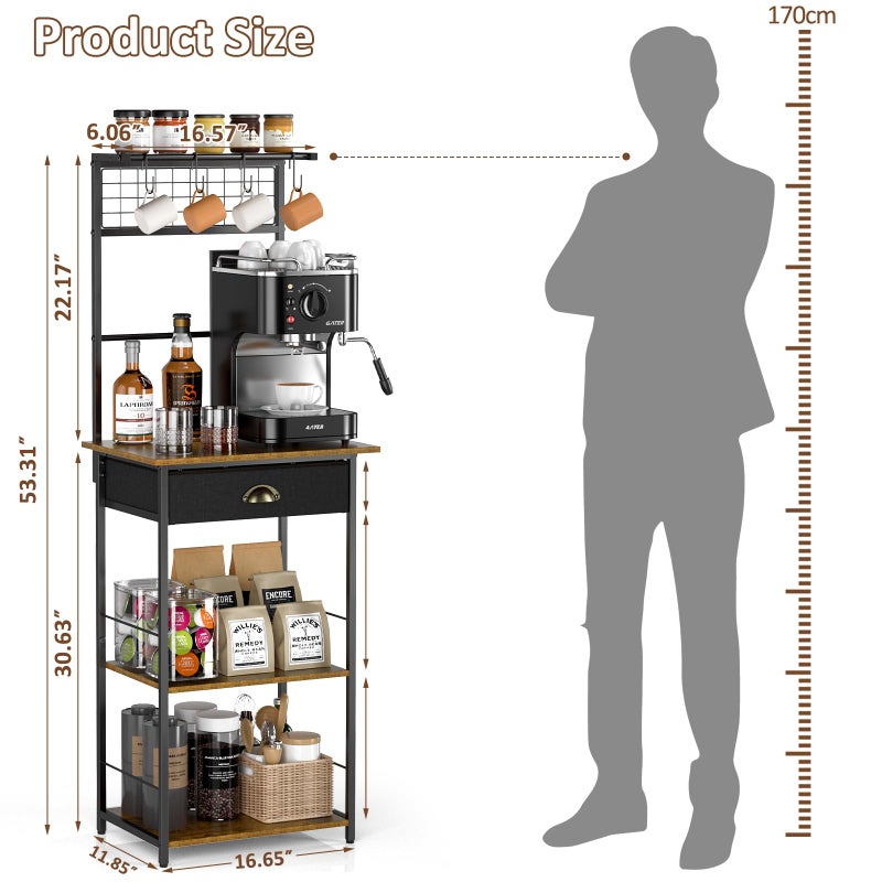 DAOUTIME 5 Tier Coffee Bar Station with Drawer, Kitchen Stand with 4 S-Shaped Hooks, Farmhouse Corner Coffee Bar Cabinet for Small Spaces, Bakers Rack for Kitchen, Living Room, 13.43" D x 18.93" W x 53.31" H - Image 3