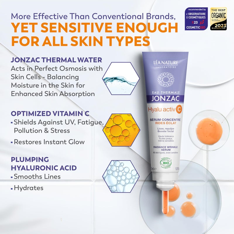 JONZAC سيروم الوجه والعينين من أو ثيرمال جونزاك العضوي هايلو أكتيف سي - فيتامين سي المحسن 5 مرات أكثر استقرارًا مع حمض الهيالورونيك - مضاد للتجاعيد - بشرة أكثر إشراقًا وامتلاءً - 1.01 أونصة سائلة - Image 4