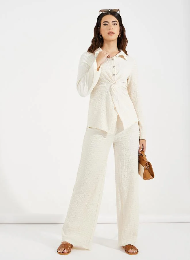 Take Two Textured Front Knot Detail Shirt & Straight Leg Pants Co-Ords