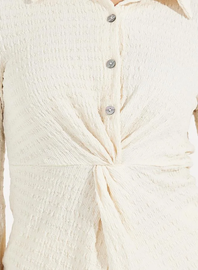 Take Two Textured Front Knot Detail Shirt & Straight Leg Pants Co-Ords