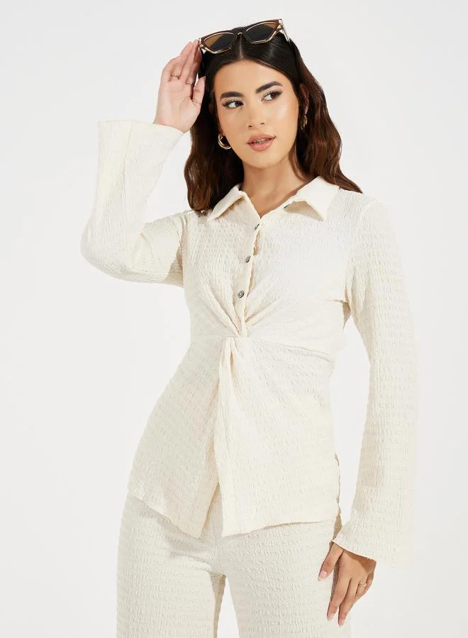 Take Two Textured Front Knot Detail Shirt & Straight Leg Pants Co-Ords