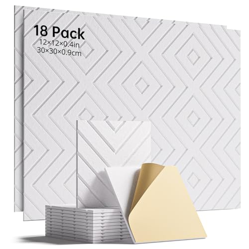 Woovio Sound Proof Foam Panels for Walls, 18 Pack Self-Adhesive Acoustic Panels, 12" X 12" X 0.4" Soundproof Wall Panels for Door, Ceiling, Home Office White - Image 1
