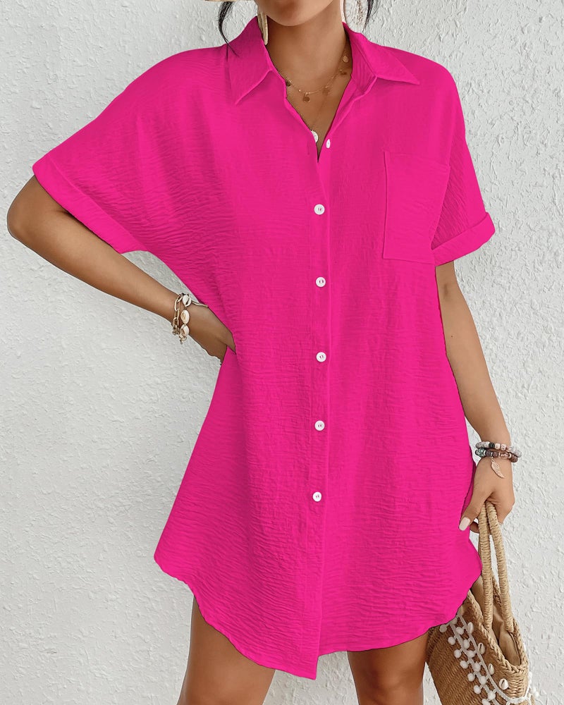 Bsubseach Women Swimsuit Coverup Shirt Dress Button Down Bathing Suit Cover Up Beach Vacation Outfits Hot Pink M - Image 2