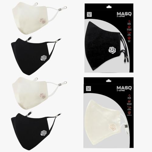 MASQ Rose 4 Layer, Reusable, Breathable, Anti-Bacterial (BFE>99%) Embroidered 100% Pure Cotton Cloth Face Mask Combo with Ear Adjusters for Women, Girls (Black & White, Pack of 4) - Image 1
