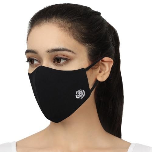 MASQ Rose 4 Layer, Reusable, Breathable, Anti-Bacterial (BFE>99%) Embroidered 100% Pure Cotton Cloth Face Mask Combo with Ear Adjusters for Women, Girls (Black & White, Pack of 4) - Image 3