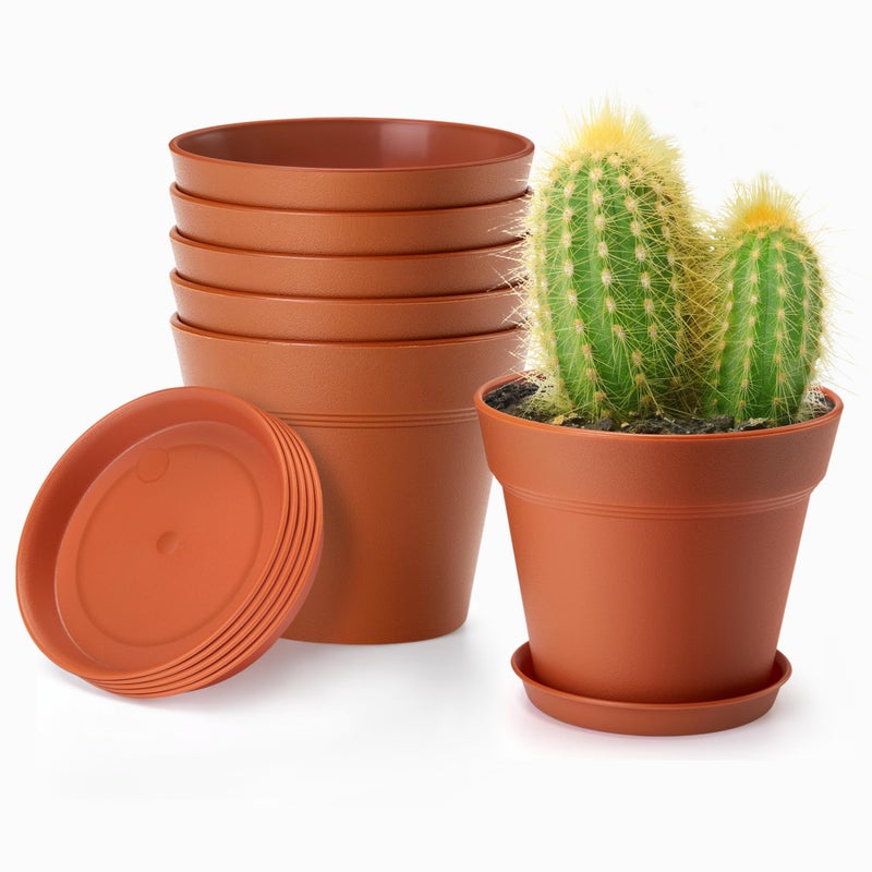 FHWTY 4 Inch Plastic Plant Pots 6 Pack, Small Flower Pots with Drainage Holes and Tray, Thickened Indoor Planters Seedlings Nursery Pots, African Violet, Succulent and All House Plants, Terracotta - Image 1