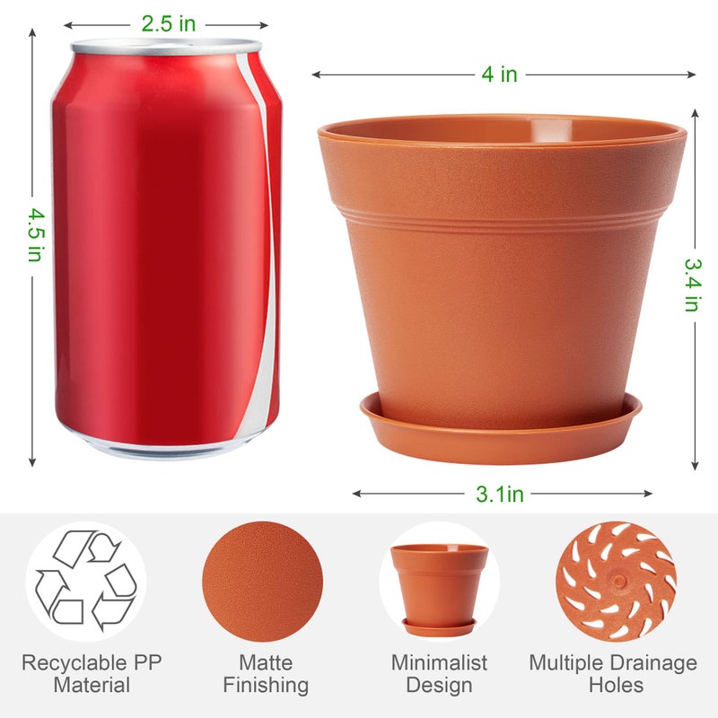 FHWTY 4 Inch Plastic Plant Pots 6 Pack, Small Flower Pots with Drainage Holes and Tray, Thickened Indoor Planters Seedlings Nursery Pots, African Violet, Succulent and All House Plants, Terracotta - Image 2
