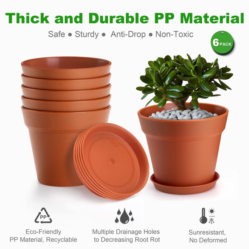 FHWTY 4 Inch Plastic Plant Pots 6 Pack, Small Flower Pots with Drainage Holes and Tray, Thickened Indoor Planters Seedlings Nursery Pots, African Violet, Succulent and All House Plants, Terracotta - Image 4