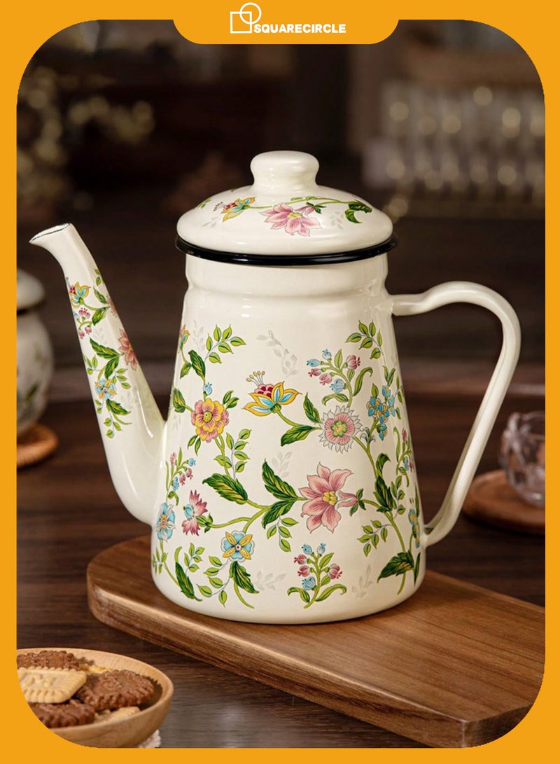Squarecircle 1.2L Floral Enamel Coffee Pot, Vintage Pour-Over Kettle with Long Spout for Coffee, Tea & Boiling Water, Suitable for Gas and Electric Stoves - Image 1