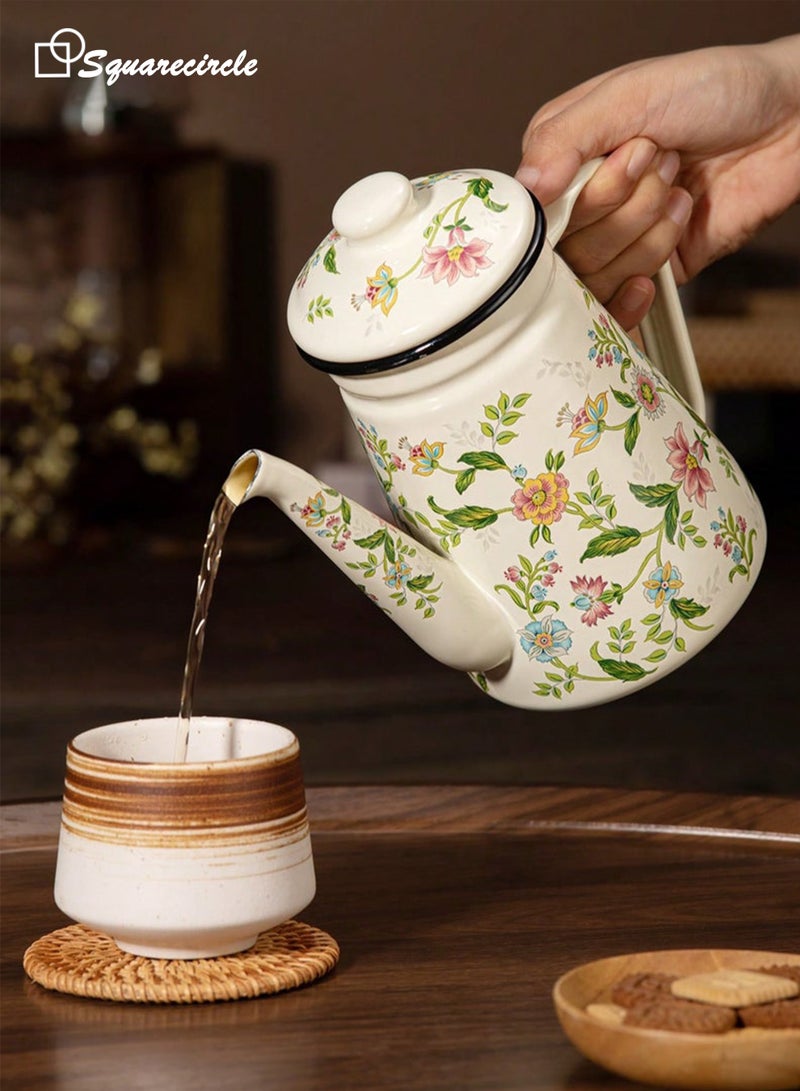 Squarecircle 1.2L Floral Enamel Coffee Pot, Vintage Pour-Over Kettle with Long Spout for Coffee, Tea & Boiling Water, Suitable for Gas and Electric Stoves - Image 3