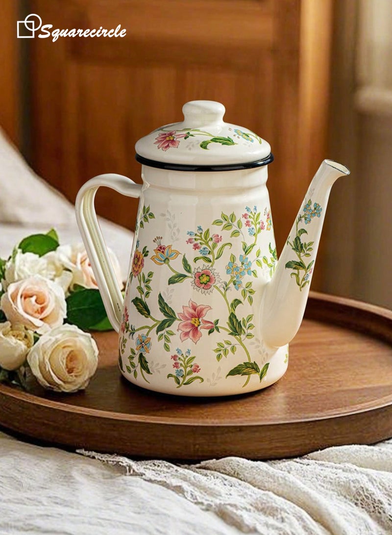 Squarecircle 1.2L Floral Enamel Coffee Pot, Vintage Pour-Over Kettle with Long Spout for Coffee, Tea & Boiling Water, Suitable for Gas and Electric Stoves - Image 4