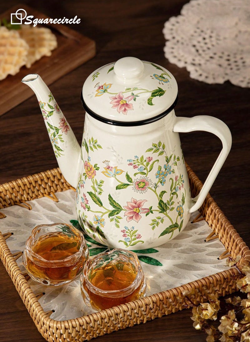 Squarecircle 1.2L Floral Enamel Coffee Pot, Vintage Pour-Over Kettle with Long Spout for Coffee, Tea & Boiling Water, Suitable for Gas and Electric Stoves - Image 2