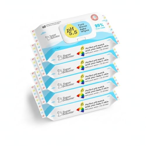 SuperBottoms 99% Pure Water Baby Wet Wipes - Skin-Friendly 5.5 pH Formula - Gentle & Biodegradable Wet Wipes for Baby - Dermatologically Tested - Thick & Durable (Pack of 5, 360 pcs) - Image 1