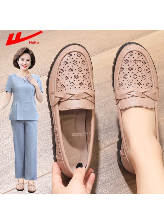 Pull Back Warrior Mom Shoes Middle-aged Sandals Summer Soft Bottom Breathable Elderly Women's Leather Shoes Single Shoes Comfortable Non-slip 0093 Bean Sand 37 - Image 1