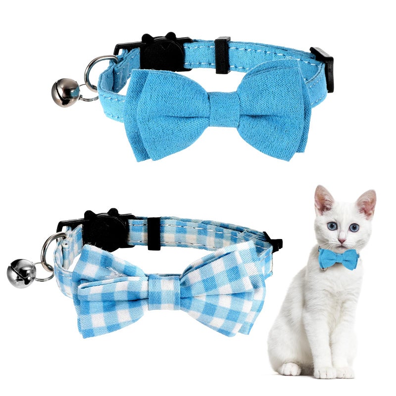 Sliverdew 2 Pcs Boy Cat Collar with Bell Breakaway Cat Collars Cute Kitten Bow Tie Collar Adjustable Small Puppy Safety Collar Solid Color Plaid Pet Collar (Blue) - Image 1