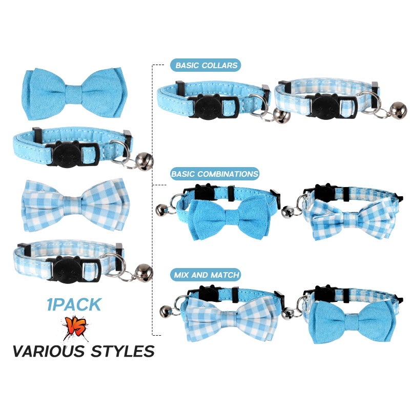 Sliverdew 2 Pcs Boy Cat Collar with Bell Breakaway Cat Collars Cute Kitten Bow Tie Collar Adjustable Small Puppy Safety Collar Solid Color Plaid Pet Collar (Blue) - Image 3