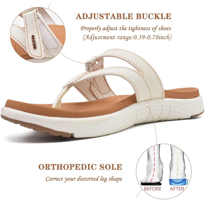 COFACE Womens Orthopedic Flip Flops Ladies Slip On Athletic Yoga Mat Memory Foam Cushioned Recovery Walking Thong Sandals Summer Beach Pool Slippers Plantar Fasciitis Arch Support White Brown Size 9 - Image 4
