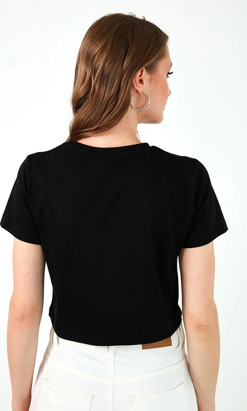 Lela Printed Crew Neck 100% Cotton Crop T Shirt Women's T Shirt 6001011