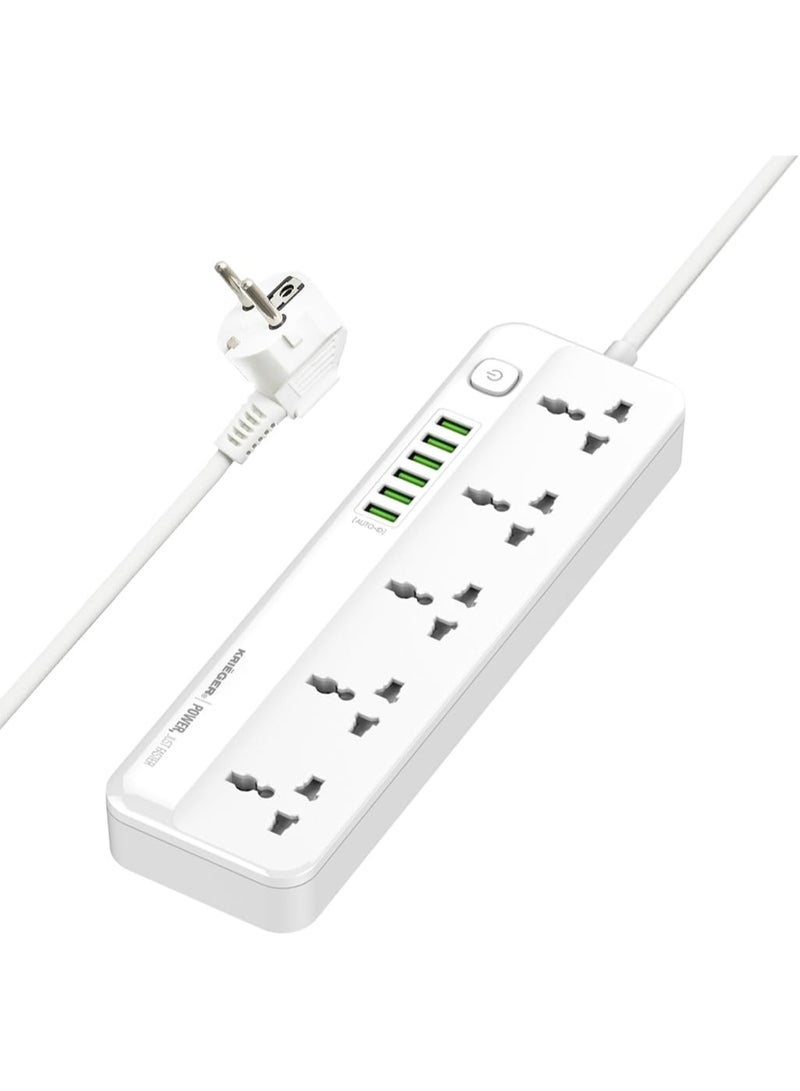 Bukela Universal Power Strip Surge Protector, 5 Outlets, 6 USB Ports, Child Saftey Latch, On/Off Power Button, 2M Extension Cord, Flat Plug for Charging Home, Office & Travel Accessories -Type E/F - Image 1