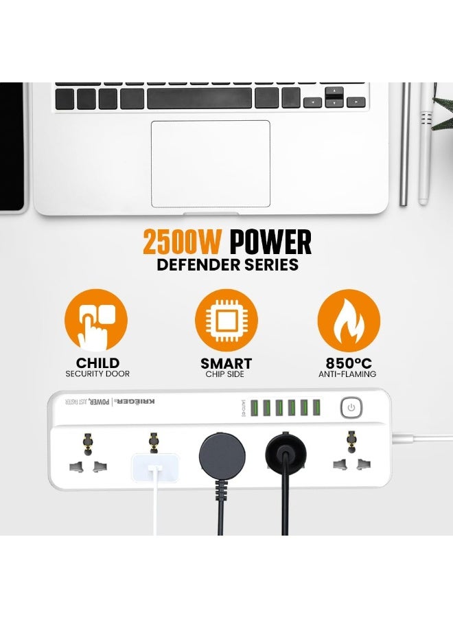 Bukela Universal Power Strip Surge Protector, 5 Outlets, 6 USB Ports, Child Saftey Latch, On/Off Power Button, 2M Extension Cord, Flat Plug for Charging Home, Office & Travel Accessories -Type E/F - Image 3