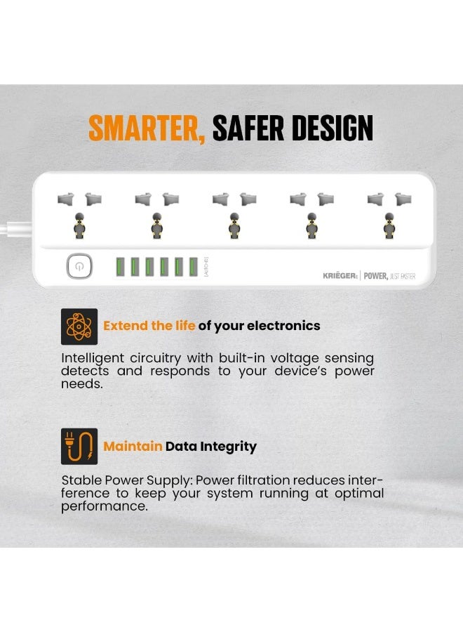 Bukela Universal Power Strip Surge Protector, 5 Outlets, 6 USB Ports, Child Saftey Latch, On/Off Power Button, 2M Extension Cord, Flat Plug for Charging Home, Office & Travel Accessories -Type E/F - Image 2