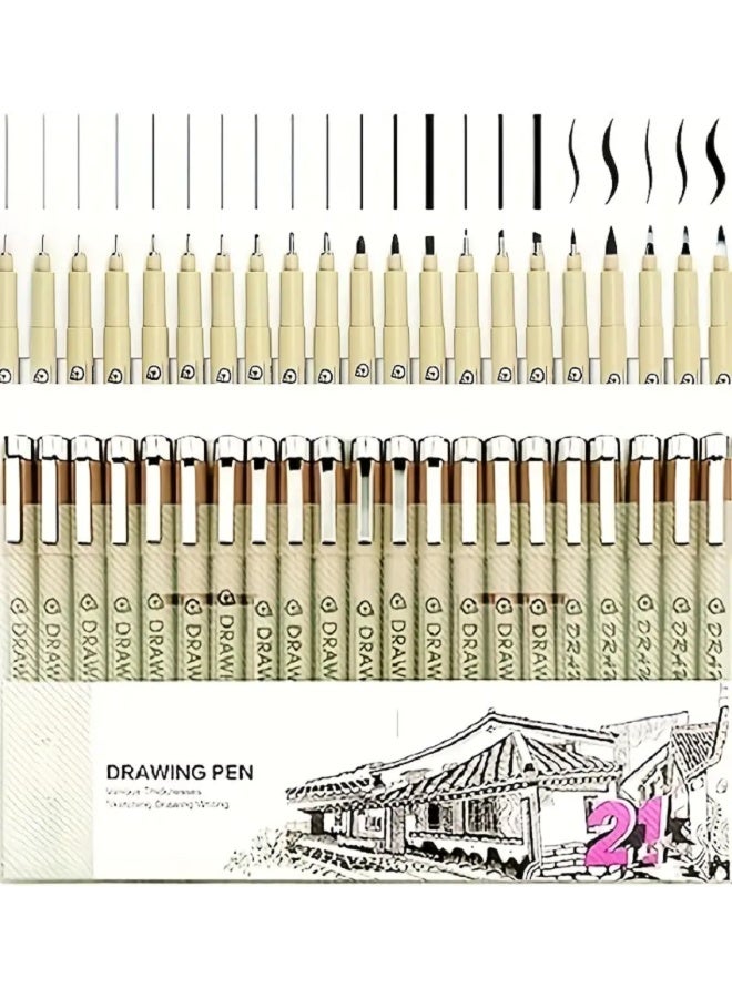 Micro Drawing Pens: 21-size Tips (Ultra-fine, Fine & Brush) Waterproof Pigment Black Ink for Illustration Drawing Journaling Sketching for Artist Beginners - Image 1
