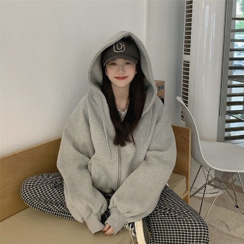 Gray Casual Hoodie Womens Autumn Loose Long Sleeve Black velvet  - Image 4