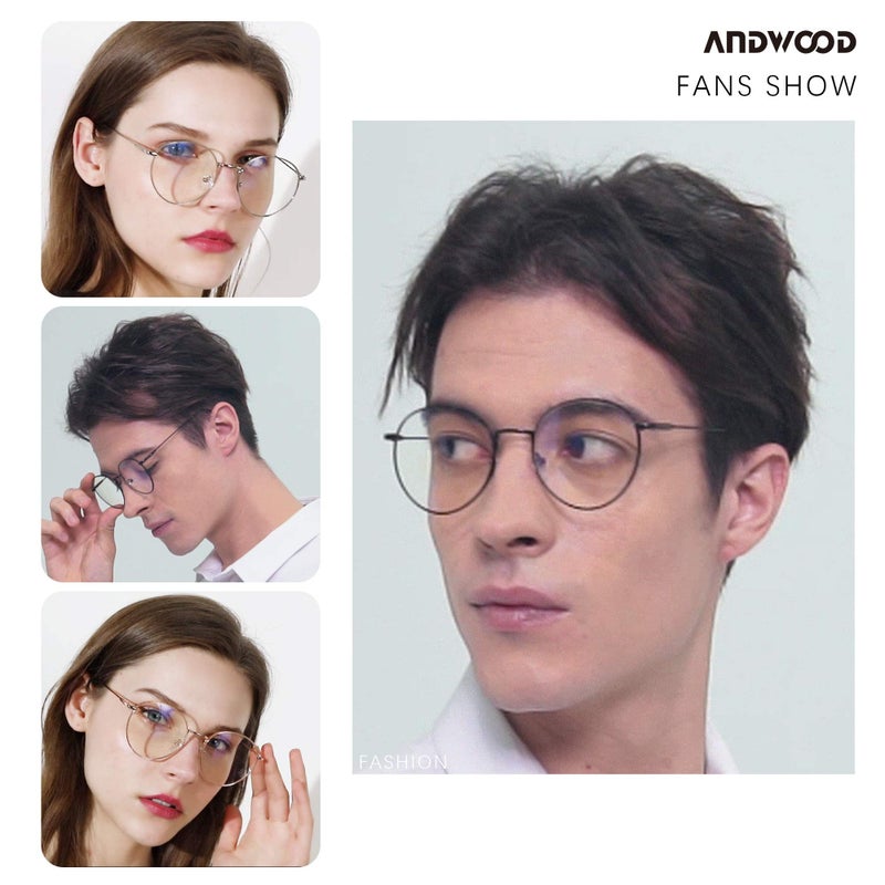 ANDWOOD نظارات حجب الضوء الأزرق للنساء والرجال للوجه الصغير كمبيوتر 2 عبوة حجب الضوء الأزرق إطار معدني خفيف الوزن دائري - Image 3