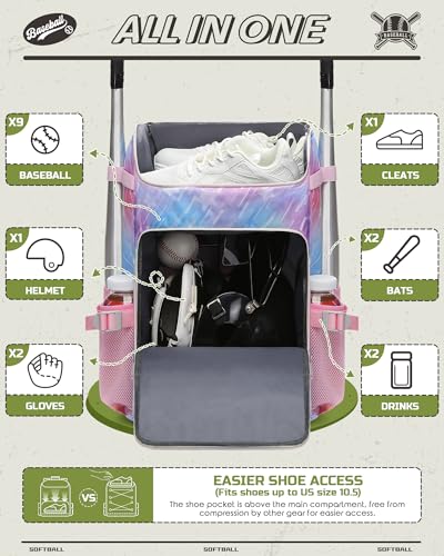 FOKDUVB Baseball Softball Equipment Bag Backpack for Kids Boys Girls Ages 812 1012 1214 Large Youth Bat Bag with Ventilated Shoe Compartment Baseball Softball Stuff Supplies BluePink Star - Image 3