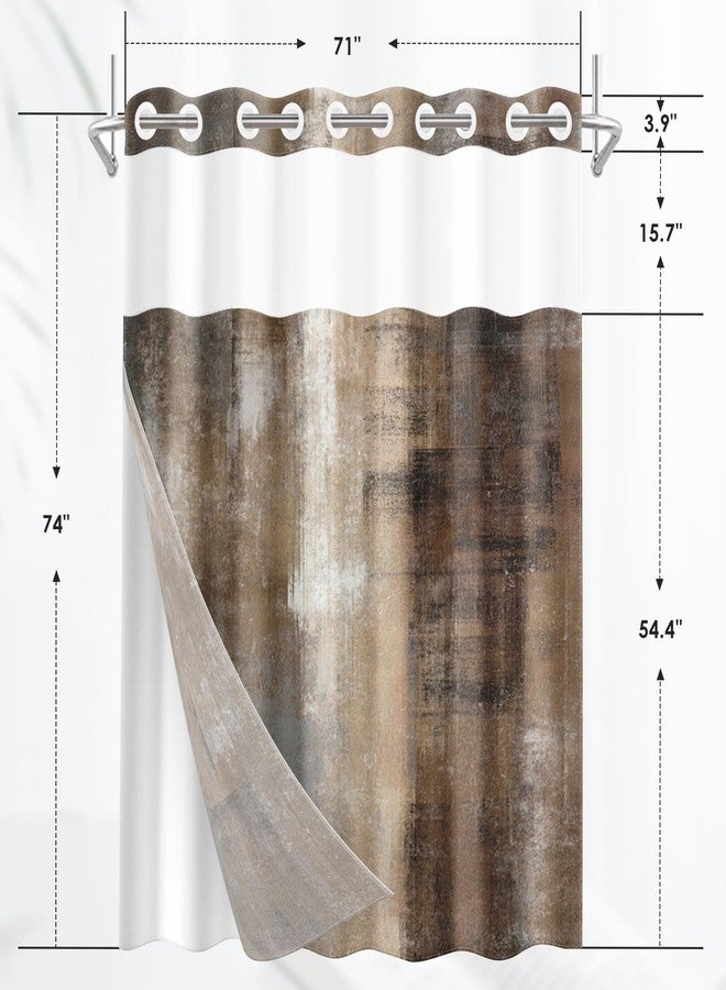 Nesphy No Hook Beige Grey Brown Painting Shower Curtain with Snap in Fabric Liner Set, Abstract Double Layers Waterproof Fabric with See Through Top Window Open Grommet Bath Curtain 71x74 Inch - Image 2