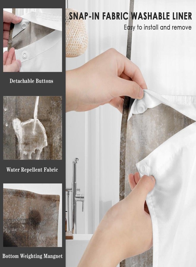 Nesphy No Hook Beige Grey Brown Painting Shower Curtain with Snap in Fabric Liner Set, Abstract Double Layers Waterproof Fabric with See Through Top Window Open Grommet Bath Curtain 71x74 Inch - Image 4