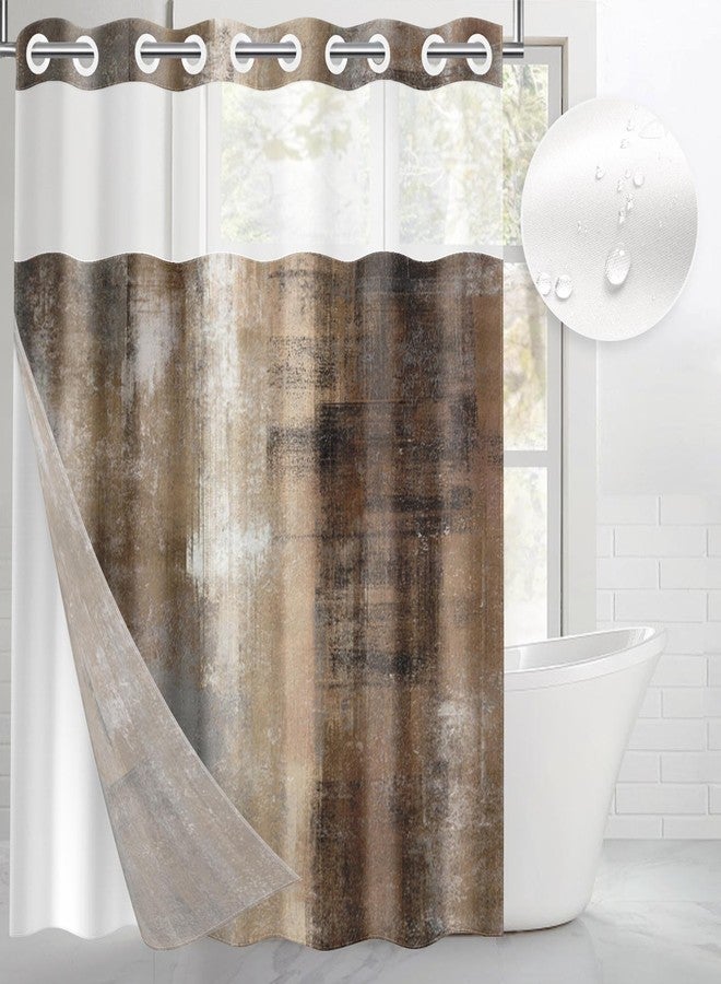 Nesphy No Hook Beige Grey Brown Painting Shower Curtain with Snap in Fabric Liner Set, Abstract Double Layers Waterproof Fabric with See Through Top Window Open Grommet Bath Curtain 71x74 Inch - Image 1